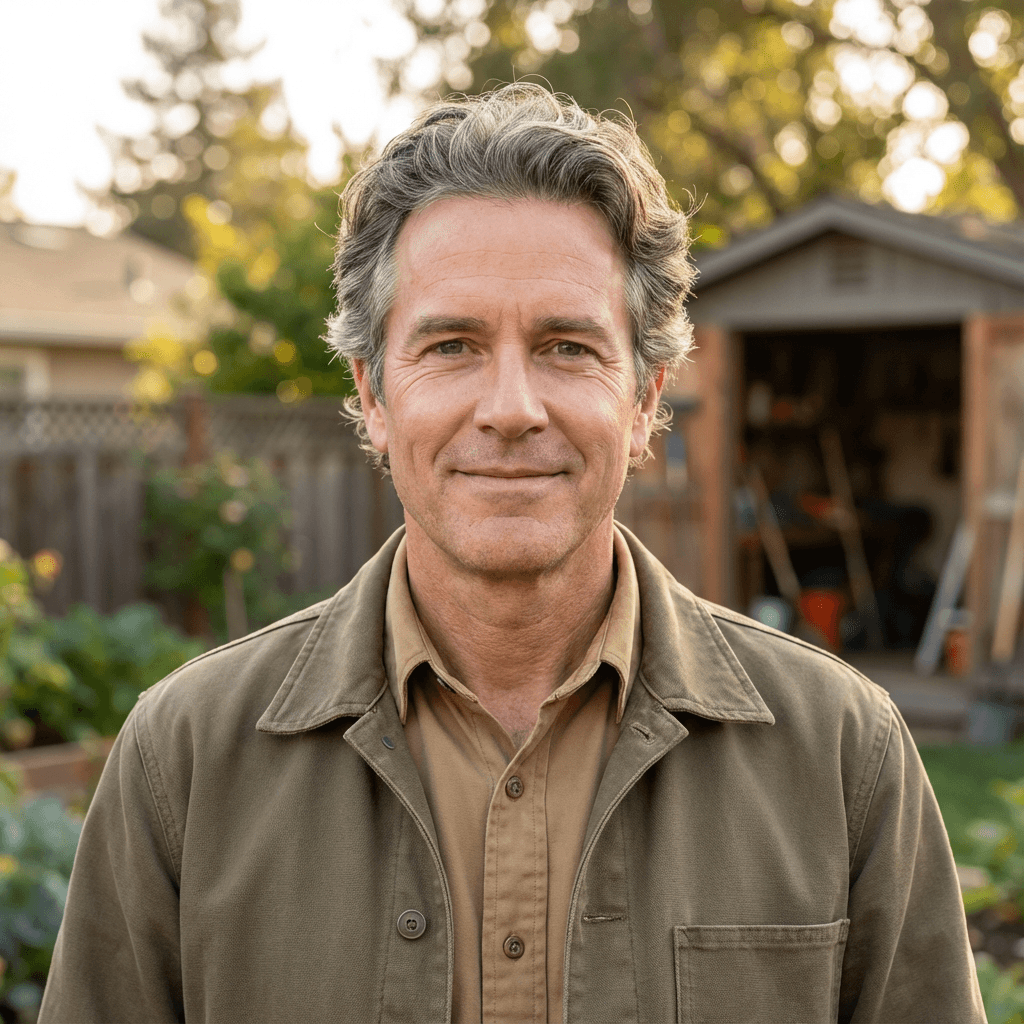 Tom Whitfield standing next to neatly trimmed hedges in a residential garden