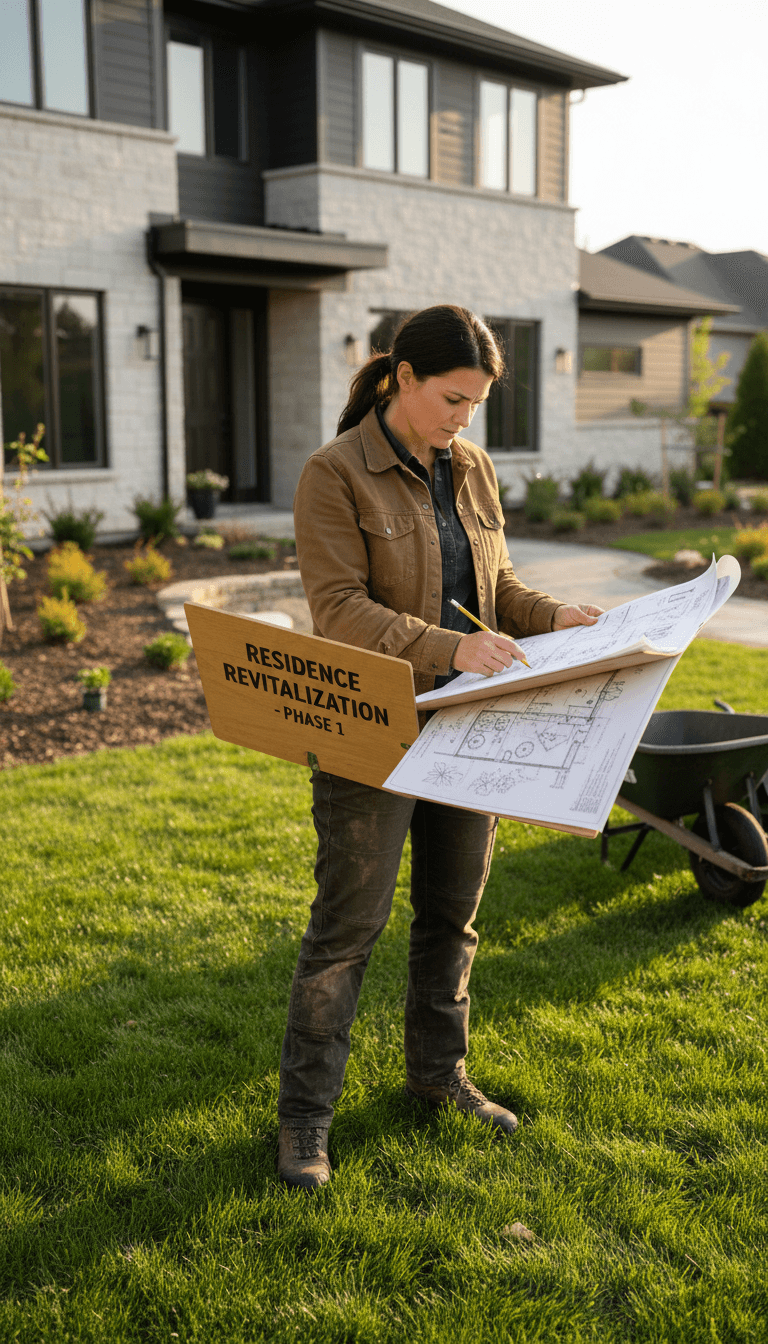 Landscaper reviewing garden plans with a clipboard at a residential property in Toronto