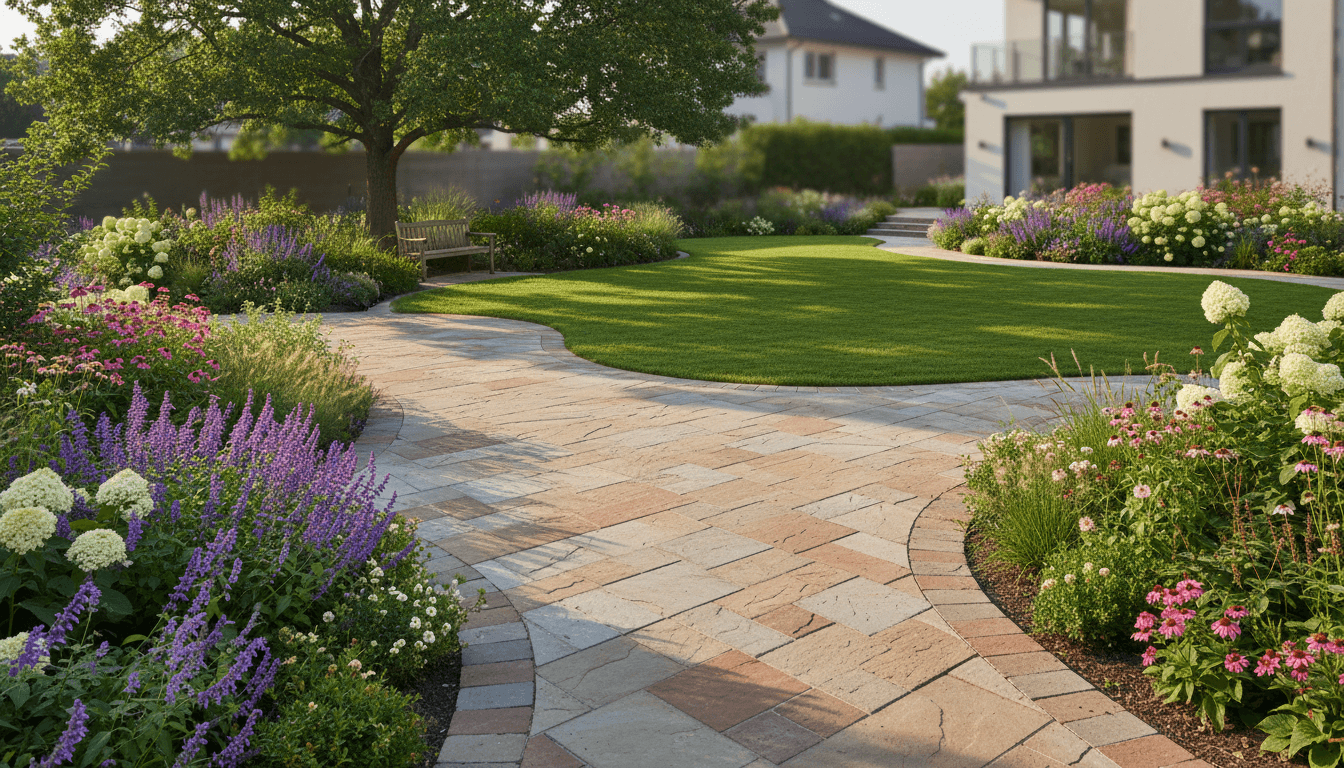 Landscaper with client reviewing garden plans in a Toronto backyard