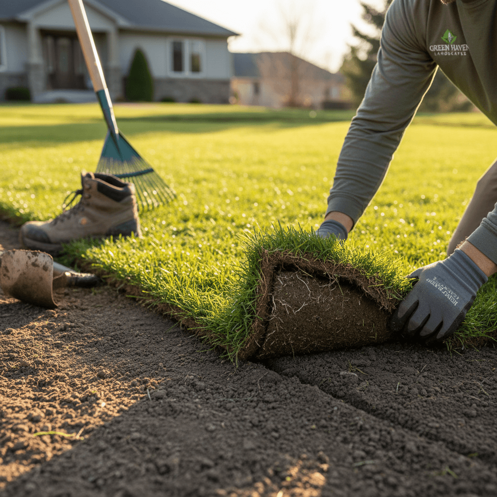 Fresh sod laid across a backyard lawn