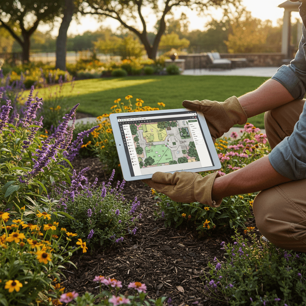 Landscaper making notes on a tablet in front of a residential lawn