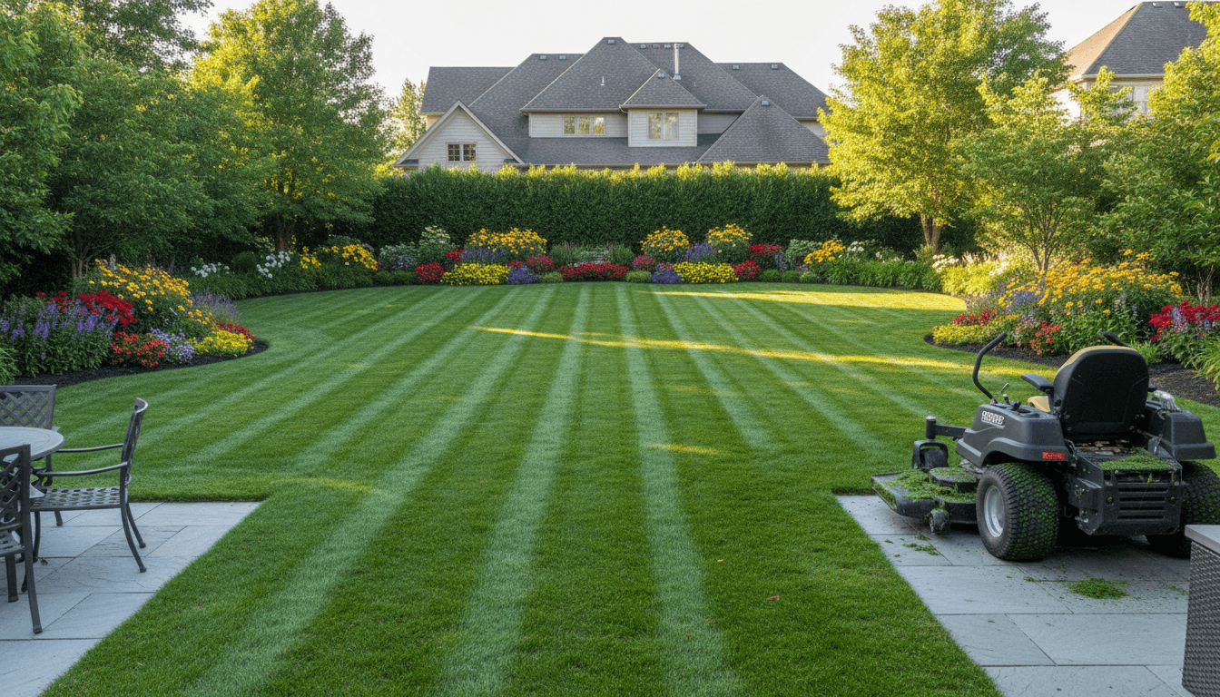 Tidy backyard after lawn maintenance with a mower nearby