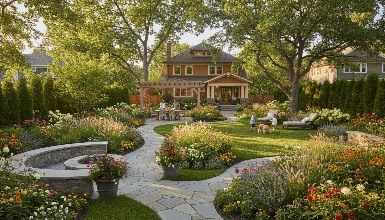 Landscaping professional reviewing project plans with a client in a Toronto backyard