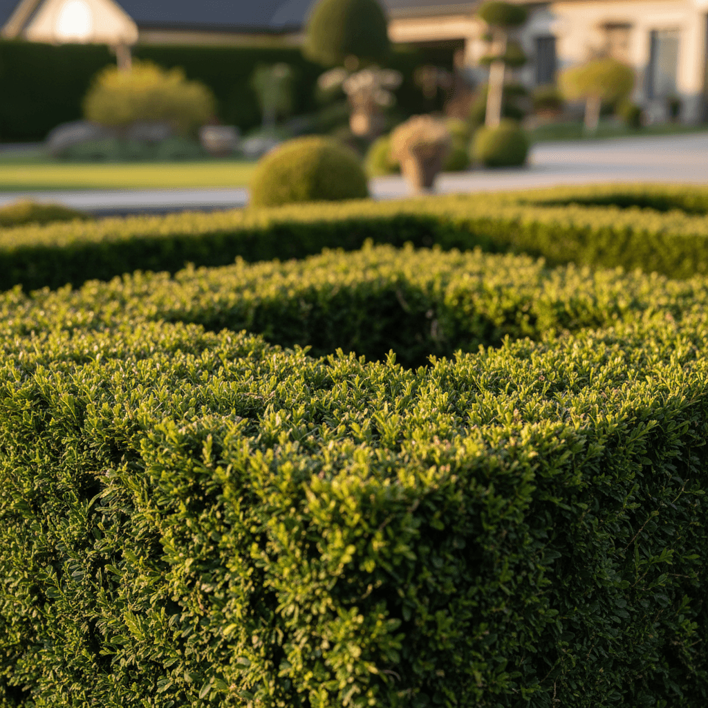 Trimmed hedge along a front walkway