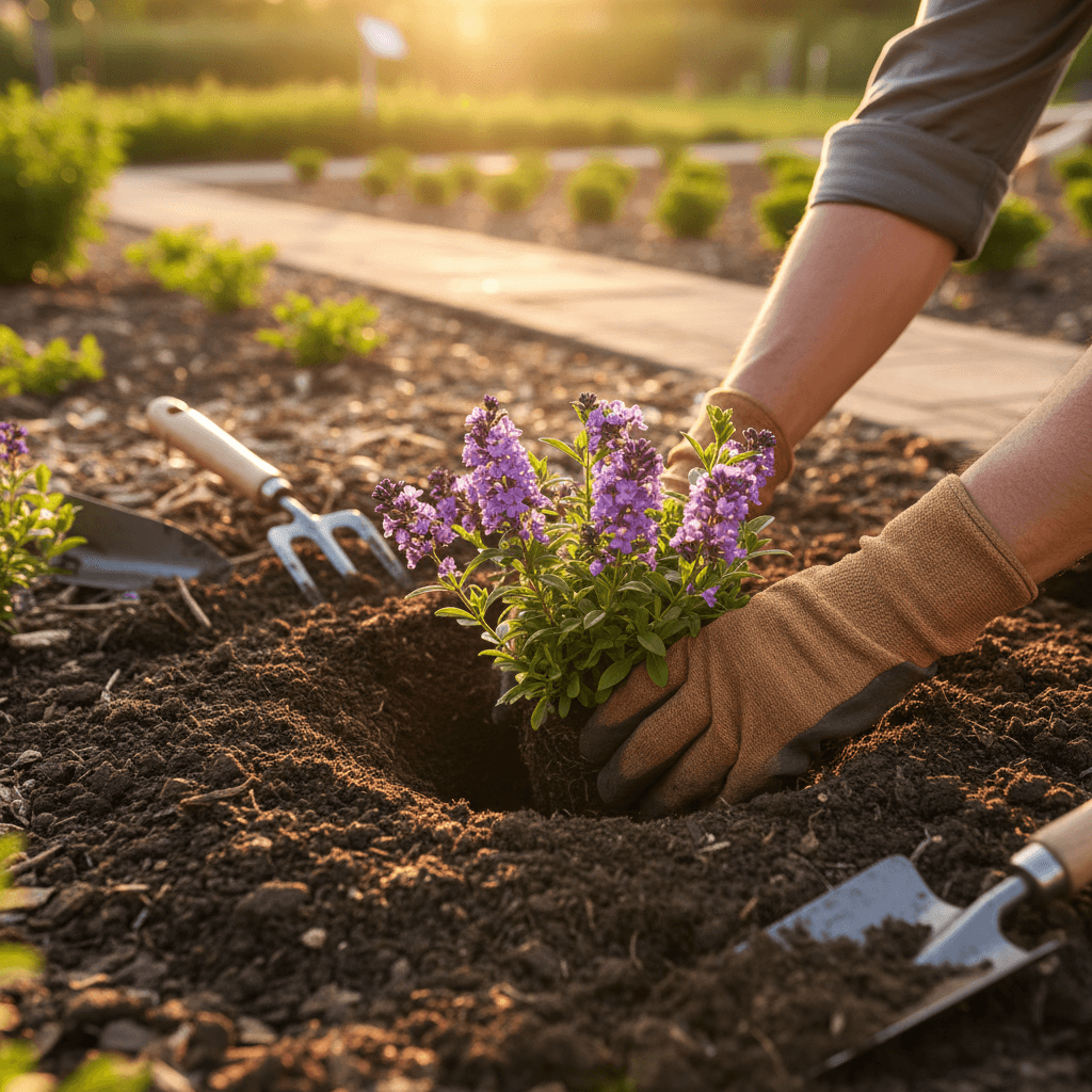 Professional landscaper planting shrubs in a neat garden bed