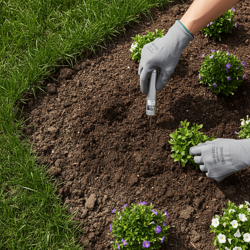 Landscaper inspecting soil in a garden flower bed with gloved hands